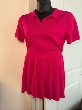 Fuchsia Polo Top and Pleated Skirt Set